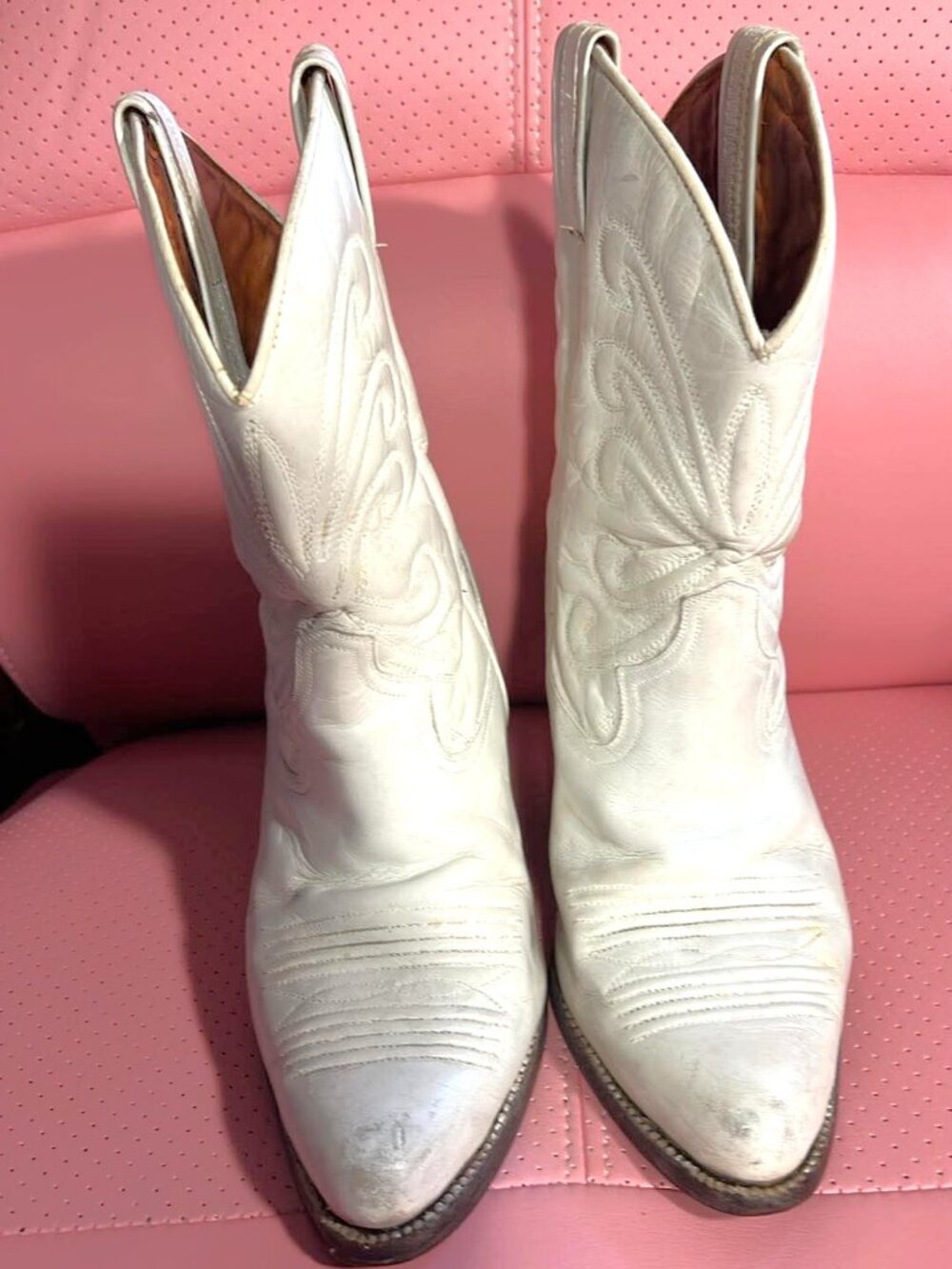 Vintage Tony Mora White Leather Cowgirl Boots Spain EU 37 US 6.5/7